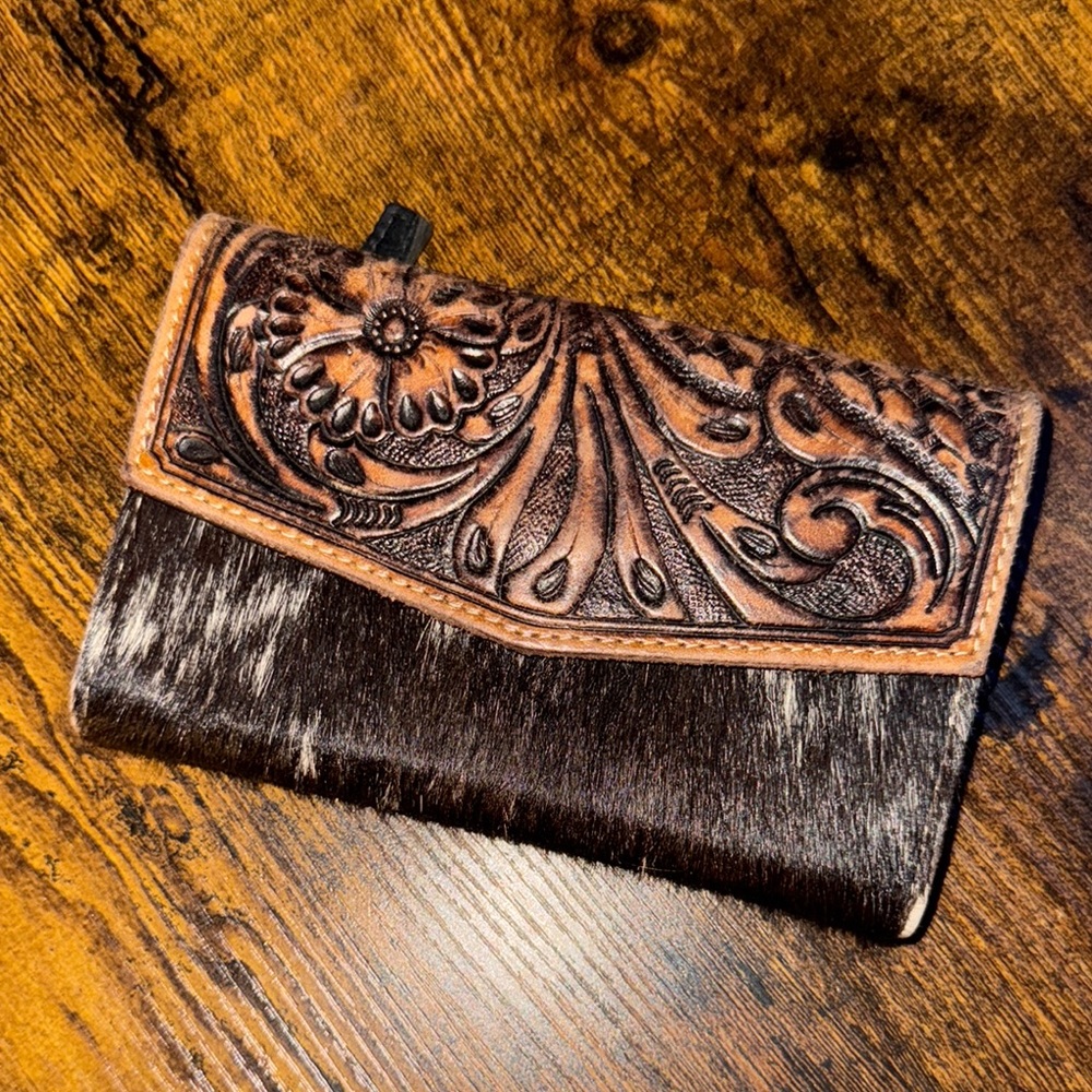 Brown Cowhide and Leather Tooled Wallet